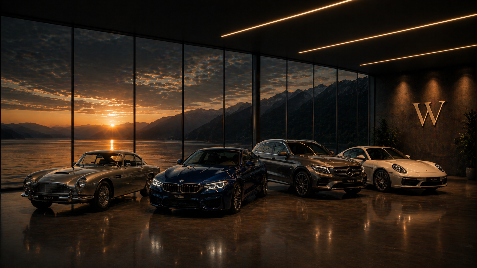 Showroom automobile premium avec Mustang, BMW M3, Mercedes et Porsche